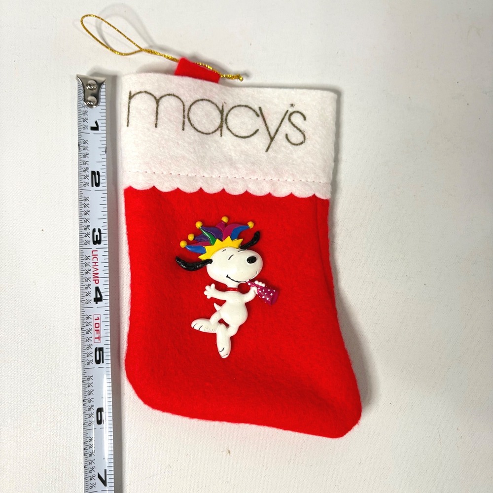 Macys Peanuts Snoopy Christmas Stocking Ornament Red White Felt Jester Hat 6.5in